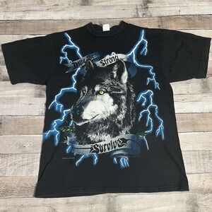 USA Thunder Shirt Size Large Black Vintage Wolf Lighting Only The Strong Survive